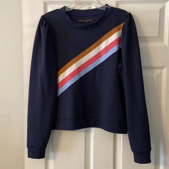 Chic Navy Crew Neck Sweater with Colorful Stripes - Picture 3 of 8